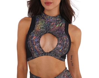 Abbigliamento da rave da donna, crop top olografico argento per festival, top scollato per rave / LOVE KHAOS