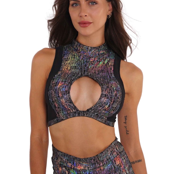 Rave Outfit Women Set Festival Crop Top Cut Out Bra Cleavage Top Cute Crop Top Rave Wear Trippy Crop Top Reflective Rave Outfit | LOVE KHAOS