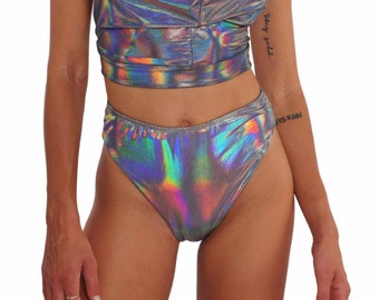 Silver Reflective High-Waisted Bikini Bottoms Holographic Festival Rave Bikini | LOVE KHAOS