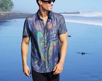 Button Down Shirt Holographic Short Sleeve Dress Shirt Party Vacation Summer Shirt Aloha Hawaiian Shirt Mens Festival Shirt | LOVE KHAOS