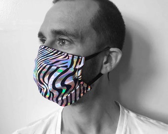 Animal Print Face Mask | Festival Mask | Reusable Washable Cloth Mask in Holographic Zebra Print for Adults | Rave Mask by Love Khaos