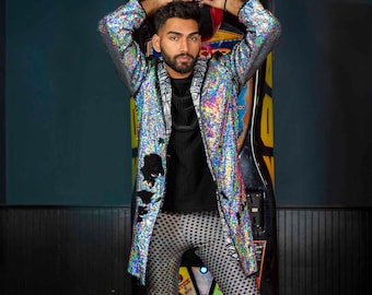 Mens Burning Man Coat Sequin Festival Jacket Hooded Glitter Cape | LOVE KHAOS