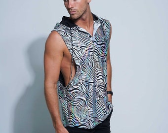 Reflective top, mens rave, Holographic Psychedelic hoodie Muscle tank in Zebra Print by Love Khaos