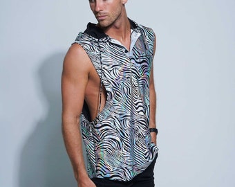 Reflective top, mens rave, Holographic Psychedelic hoodie Muscle tank in Zebra Print | LOVE KHAOS