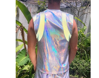 Mens Rave Shirts Sleeveless Holographic Tank Top with Silver Light Reflective Glow | LOVE KHAOS