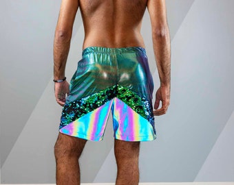 Shorts festival pour hommes avec poches zippées, tenue Sequin Rave pour hommes, shorts réfléchissants, costume holographique Burning man par Love Khaos