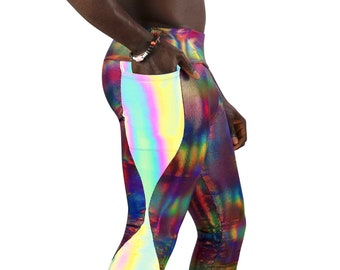 Herren Leggings mit Taschen, Shiny Leggings Festival Hose Reflektierende Regenbogen Leggings Gay rave brennender Mann Kleidung Männer von Love Khaos