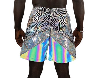 Mens Festival Shorts with Zipper Pockets, holographic zebra print Rave outfit for men, Reflective Burning man costume by Love Khaos