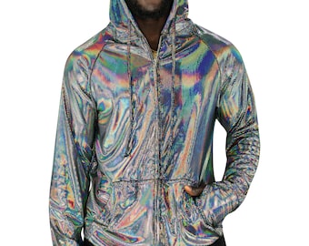 Metallic Hoodie, Holographisches Silber Schwarz Gold Velour Trainingsanzug Top mit Daumenloch Manschetten | LIEBE KHAOS