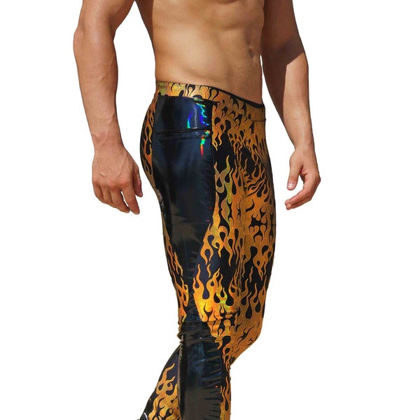 Printed Leggings for Men Pro Wrestling Gear Rave Leggings Mens Vinyl Pants Mens Spandex Gold Pants Mens Leggings Festival Gear | LOVE KHAOS