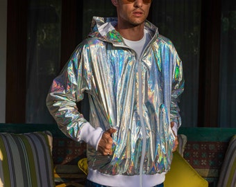 Holographic Jacket Windbreaker, Waterproof UNISEX futuristic Raincoat festival bomber, athletic hoodie by Love Khaos