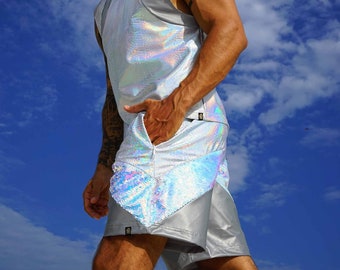 Pantalones cortos de festival con lentejuelas holográficas para hombre con bolsillos con cremallera / LOVE KHAOS