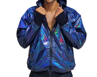 Windbreaker Men raincoat waterproof jacket holographic bomber jacket futuristic coat Mens Windbreaker rain jacket rave jacket | Love Khaos