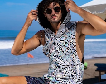 Holographic top Mens Reflective Clothing mens Psychedelic hoodie festival tank in silver Zebra Print Rave Outfit | LOVE KHAOS