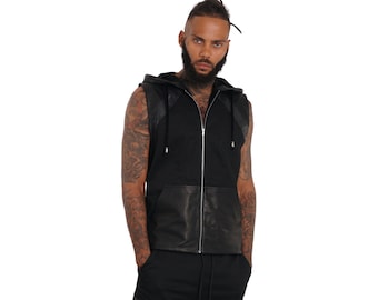 Hooded Vest Mad Max Leather Cyberpunk Vest Futuristic Clothing Mens leather vest black Streetwear vest hoodie goth vest top | LOVE KHAOS