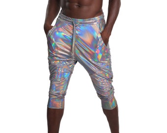 Festival pants Bermuda Shorts Holographic pants elastic waist shorts jogger drop crotch shorts mens harem pants men rave wear | LOVE KHAOS