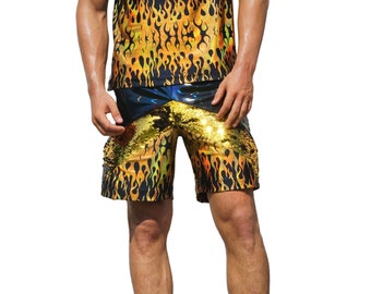 Mens Summer Shorts, Festival Shorts Men, Rave Shorts, Burning Man Clothing Men Futuristic Clothing Men Sparkly Gold Shorts | Love Khaos