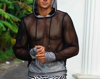 Mesh Jacket Mens Mesh Clothing Mesh Hoodie Fishnet Shirt Men See Through Hoodie Sheer Hoodie Pullover Holographic Sweatshirt | LOVE KHAOS