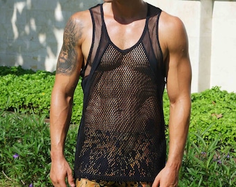 Mens Mesh Tank Top Sexy See Through Shirt Black Fishnet Tank Top Male | LOVE KHAOS