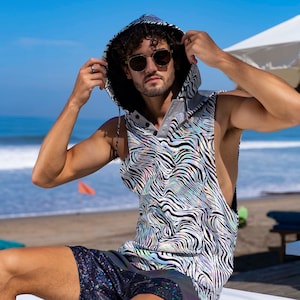 Holographisches Top Herren Reflective Kleidung Herren Psychedelic Hoodie Festival Tank in Silber Zebra Print Rave Outfit | LIEBE KHAOS