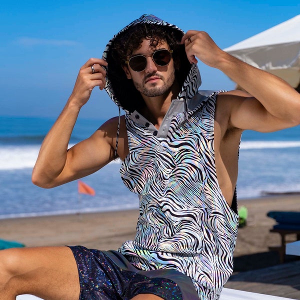 Holographic top Mens Reflective Clothing mens Psychedelic hoodie festival tank in silver Zebra Print Rave Outfit by Love Khaos