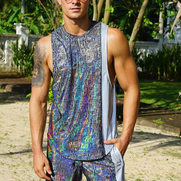 Reflektierendes Shirt Herren Rave Wear Futuristisches Tank Top Metallic Shirt EDC Outfits Herren Silber Rave Outfit Holographic Rave Shirt | LIEBE KHAOS