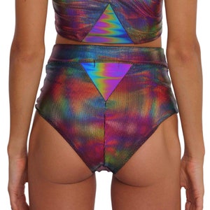 High Waisted Bikini Rave Bottoms Hot Pants holographic bikini stripper shorts rave booty shorts rave set holographic bottoms | LOVE KHAOS