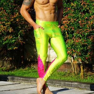 Festival Leggings Meggings Neon rave outfit lime Green Pants uv glow Holographic Leggings pockets mens festival pants mens tights LOVE KHAOS