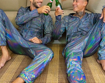 Holografische onesie volwassen romper heren fluwelen pyjama party jumpsuit met capuchon | HOUD VAN KHAOS