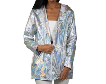 Holographic jacket, Womens gold  raincoat, waterproof festival windbreaker, Metallic silver futuristic anorak burning man by Love Khaos