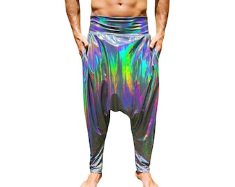 Holographic Harem Drop Crotch Pants Men, Baggy Rave Aladdin Style | Love Khaos