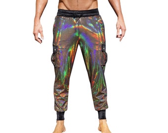 Holographic Cargo Joggers Men Cargo Pants Gold Metallic Burning Man Pants Velour Skinny Joggers Casual Pants Sweatpants Men | LOVE KHAOS