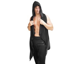 Kimono Männer Lange Schwarz Duster Kapuzenweste Alternative Tribal Ärmellose Robe | LIEBE KHAOS