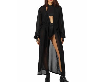 Sheer Black Tulle Robe Chiffon Cover Up Duster Transparent Jacket Rave Robe | LOVE KHAOS