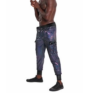 Black Cargo Pants Men Holographic Sweatpants Mens Joggers Techwear Pants Rave Pants Men sweat pants track pants rave outfit | LOVE KHAOS