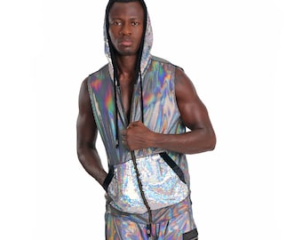 Mens Rave Clothing Sleeveless Hoodie Rave Vest man Holographic Silver Festival Hoodie Mens Sequin Shirt Rave Outfit Men by Love Khaos