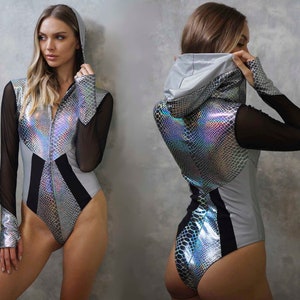 Long Sleeve Bodysuit festival set Burningman silver Barbarella costume Hooded Mesh Bodysuit one piece rave reflective hoodie by Love Khaos