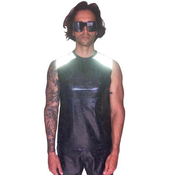 Cyberpunk Shirt futuristisches Shirt Cybergoth Rave Wear Gothic Tank Top Herren Netztop reflektierender Tank Top Burning Man Outfit | LIEBE KHAOS