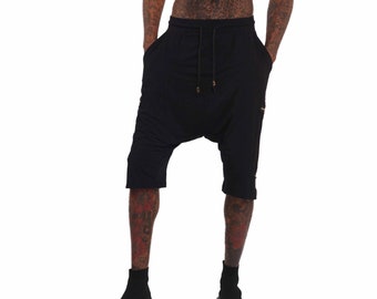Drop Crotch Shorts Mens Cargo Shorts Black Rave Outfit Alt Clothing Lounge Shorts Techwear Shorts Mens Street Wear Pockets | LOVE KHAOS