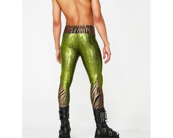 Mens Leggings Meggings Holographic festival tights, burning man trousers with hidden pocket mens rave pants Love Khaos