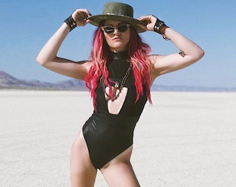 Burning Man Bodysuit, High Neck Halter Mesh Front Rave Bodysuit Festival | LOVE KHAOS
