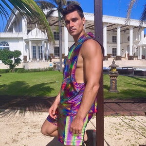 Mens Rave Top Holographic Shirt, Shiny Rainbow Reflective Sleeveless Hoodie Festival Vest | LOVE KHAOS image 5