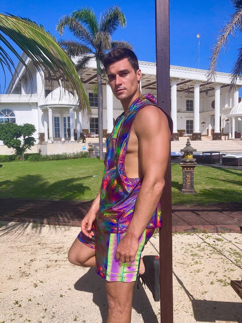 Mens Rave Top Holographic Shirt, Shiny Rainbow Reflective Sleeveless Hoodie Festival Vest | LOVE KHAOS image 5