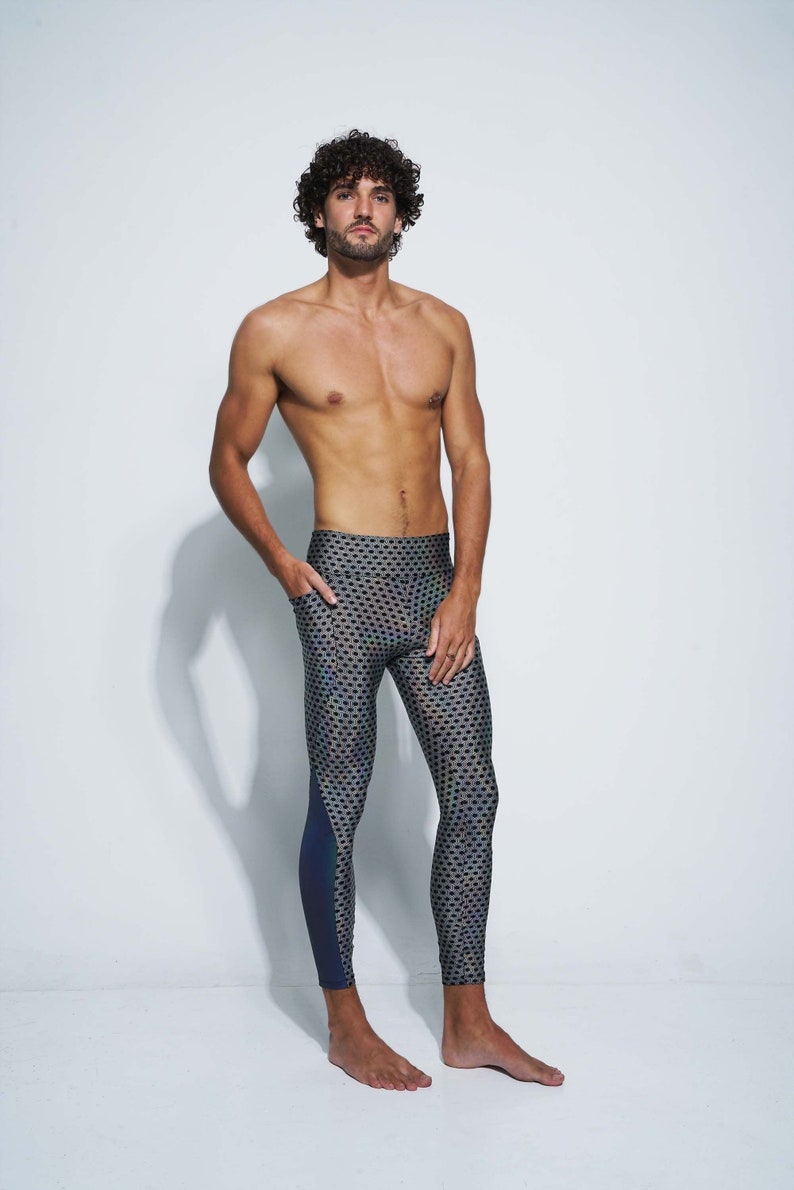 Holographic Silver tights reflective rave outfit festival leggings burning man pants by Love Khaos mens Leggings with pockets Meggings