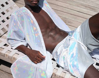 Mens Kimono Robe White Kimono Rave Kimono Groom Robe Groomsmen Robes See Through Robe Sheer Kimono Male Holographic Robe | LOVE KHAOS