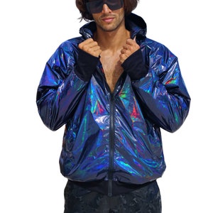 Holographic Jacket Windbreaker, Waterproof UNISEX futuristic Raincoat festival bomber, athletic hoodie by Love Khaos Black