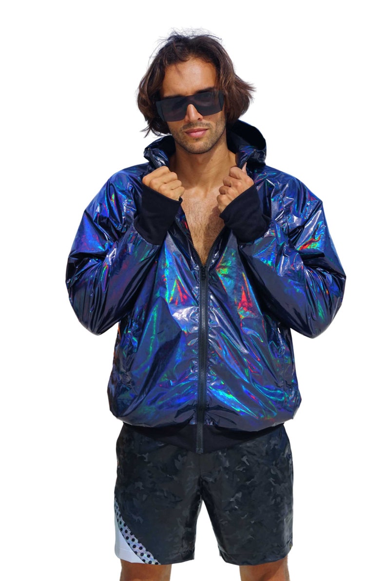 Holographic Jacket Windbreaker, Waterproof UNISEX futuristic Raincoat festival bomber, athletic hoodie by Love Khaos Black