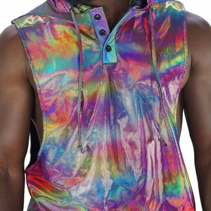 Rainbow holographic muscle tee with hood by Love Khaos.