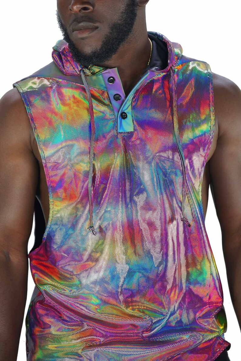 Rainbow holographic muscle tee with hood by Love Khaos.