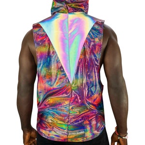 Rainbow holographic muscle tee with hood by Love Khaos.